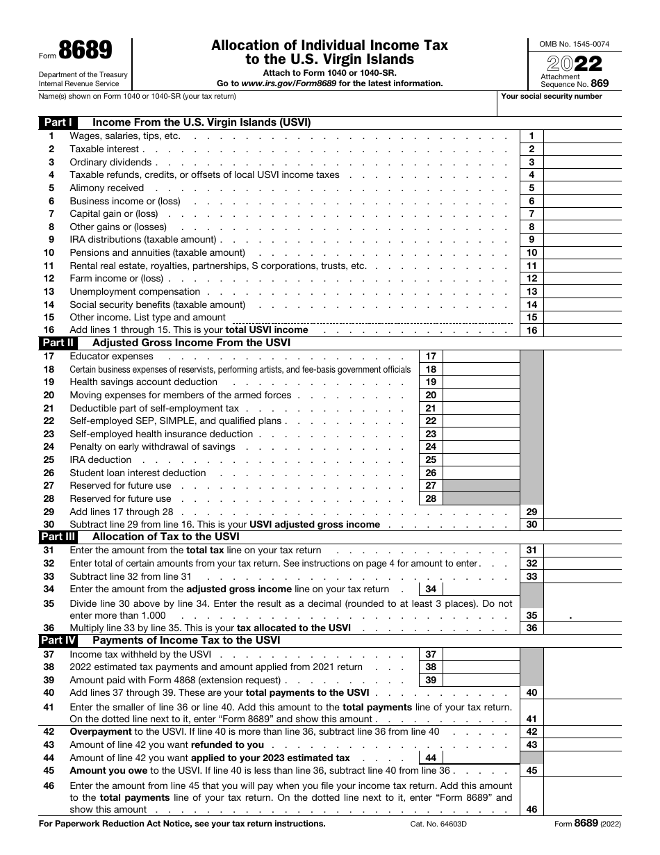IRS Form 8689 Allocation of Individual Income Tax to the U.S. Virgin Islands, Page 1