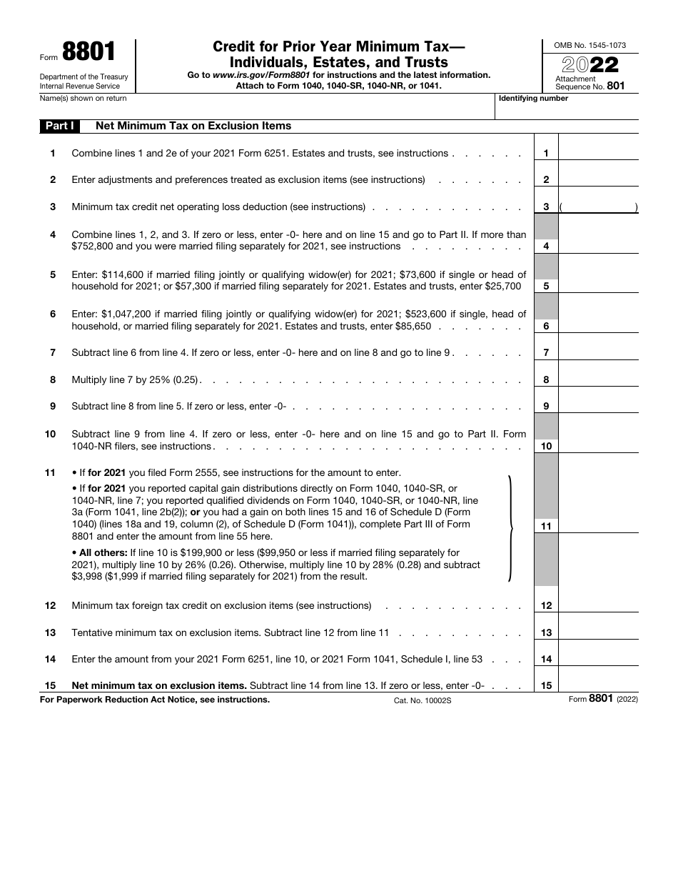 IRS Form 8801 Credit for Prior Year Minimum Tax - Individuals, Estates, and Trusts, Page 1