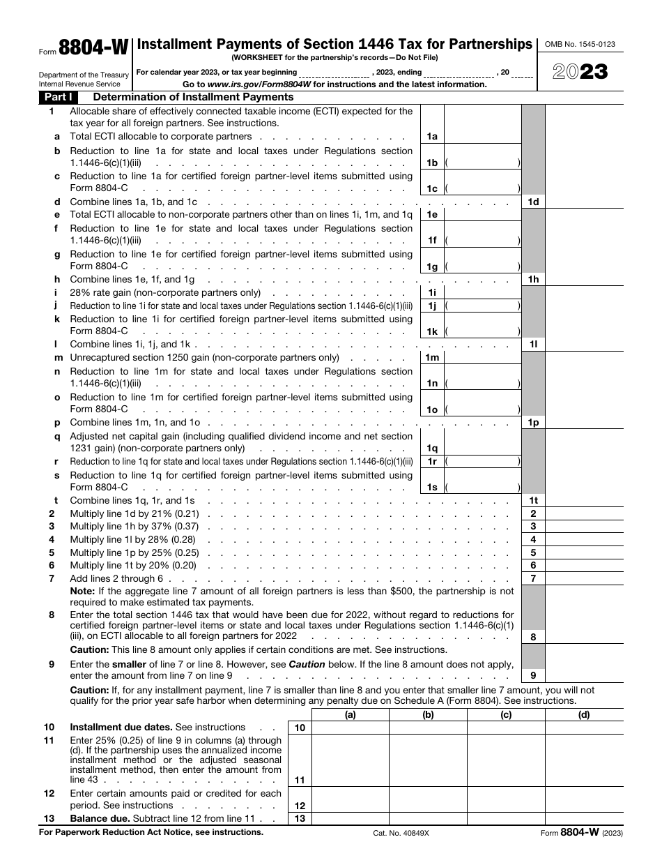 IRS Form 8804-W Installment Payments of Section 1446 Tax for Partnerships, Page 1