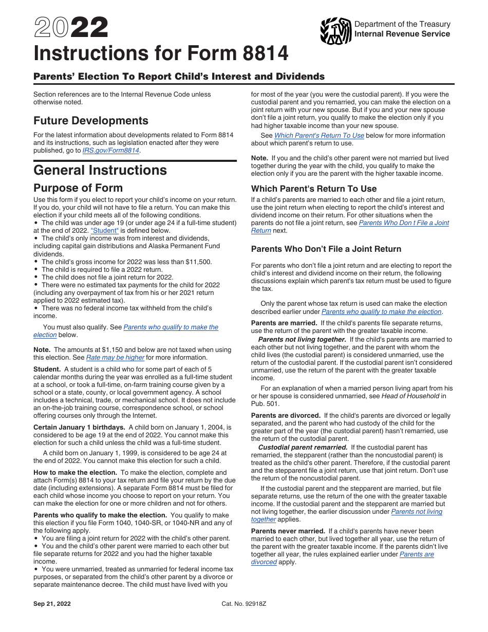 Download Instructions for IRS Form 8814 Parents' Election to Report ...