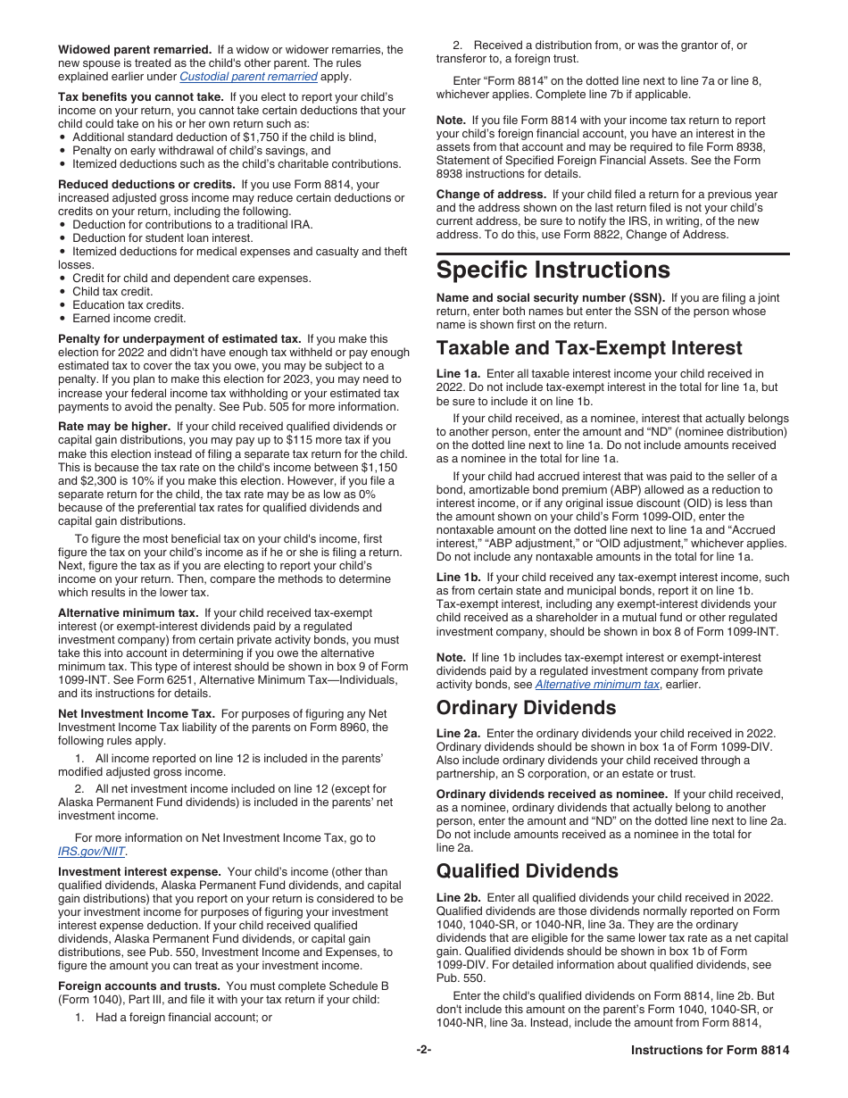 Instructions for IRS Form 8814 Parents Election to Report Childs Interest and Dividends, Page 2
