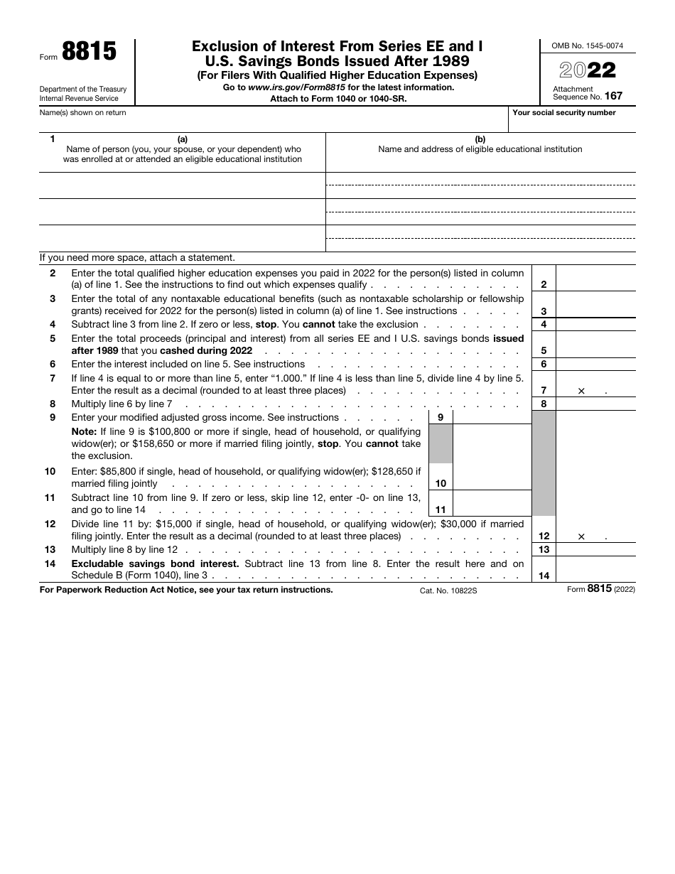 IRS Form 8815 Exclusion of Interest From Series Ee and I U.S. Savings Bonds Issued After 1989 (For Filers With Qualified Higher Education Expenses), Page 1