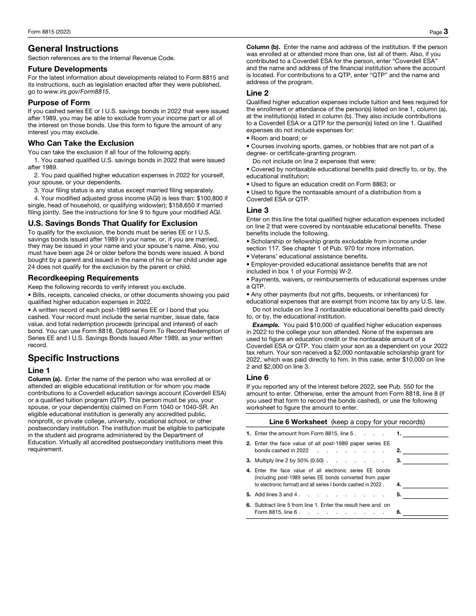 IRS Form 8815 Exclusion of Interest From Series Ee and I U.S. Savings Bonds Issued After 1989 (For Filers With Qualified Higher Education Expenses), Page 3