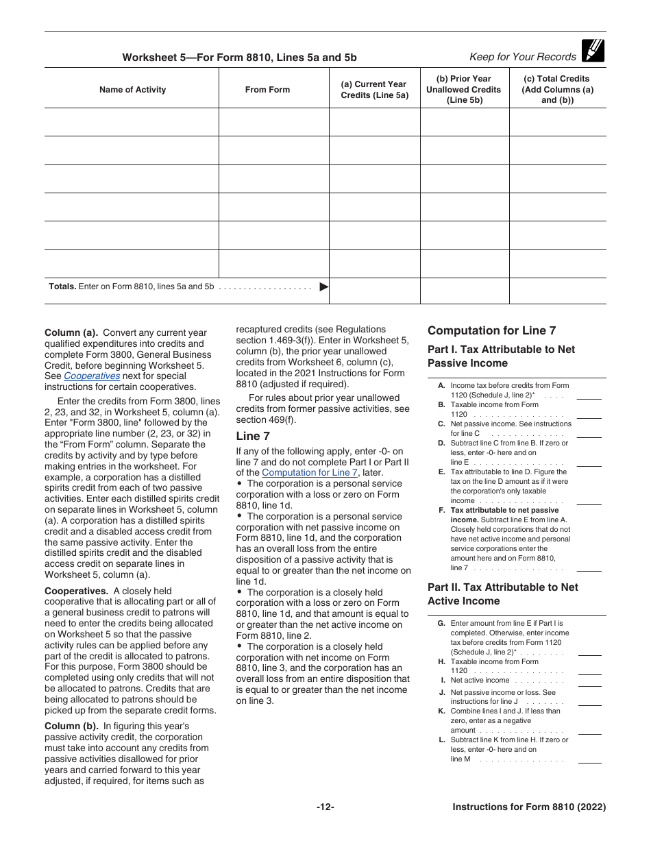 Instructions for IRS Form 8810 Corporate Passive Activity Loss and Credit Limitations, Page 12