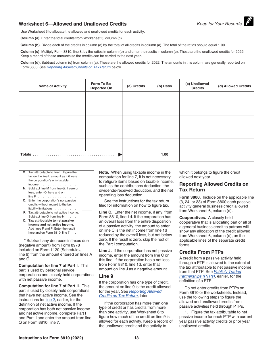 Instructions for IRS Form 8810 Corporate Passive Activity Loss and Credit Limitations, Page 13