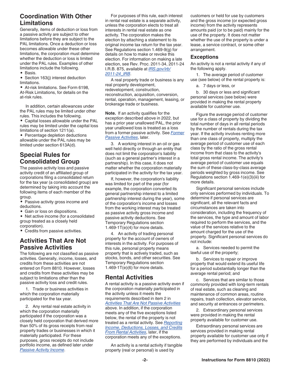 Instructions for IRS Form 8810 Corporate Passive Activity Loss and Credit Limitations, Page 2
