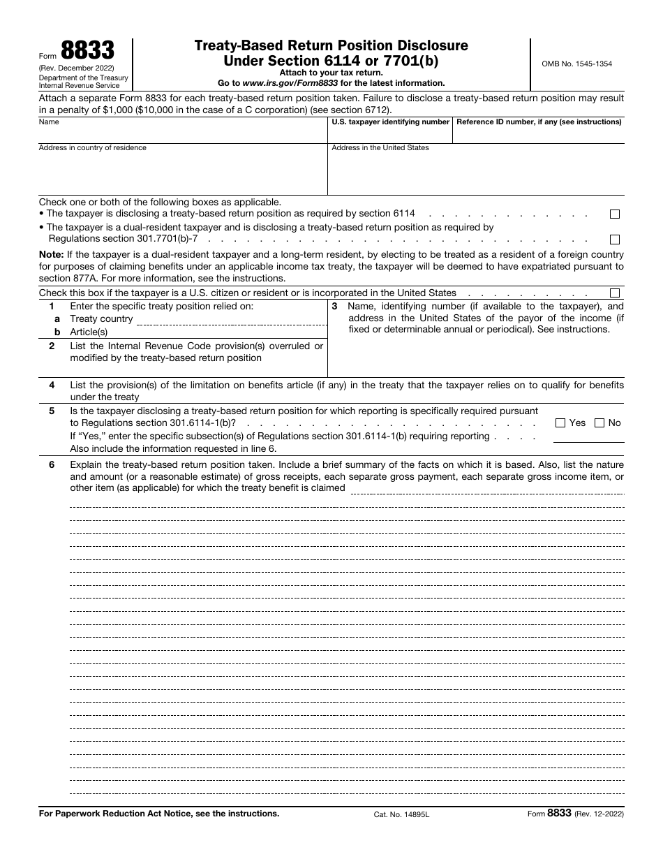 IRS Form 8833 Treaty-Based Return Position Disclosure Under Section 6114 or 7701(B), Page 1