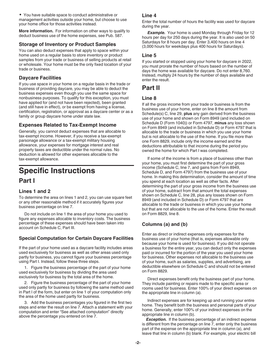 Instructions for IRS Form 8829 Expenses for Business Use of Your Home, Page 2