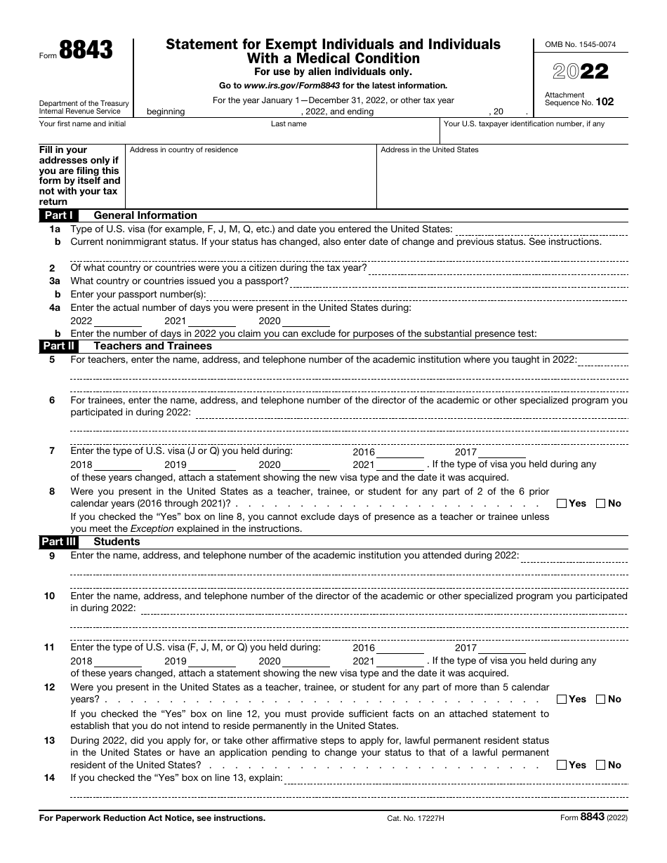 IRS Form 8843 Download Fillable PDF or Fill Online Statement for Exempt