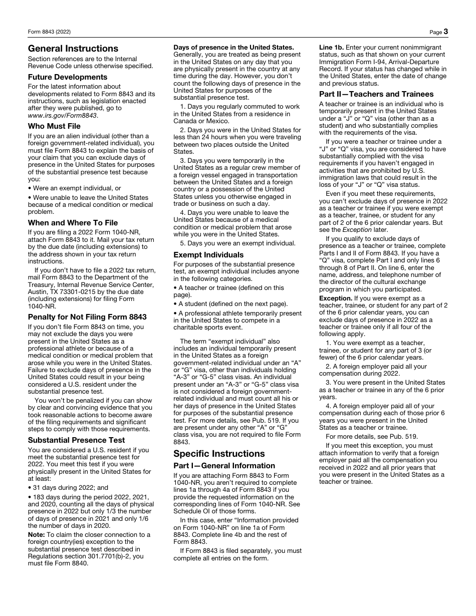 IRS Form 8843 Statement for Exempt Individuals and Individuals With a Medical Condition, Page 3