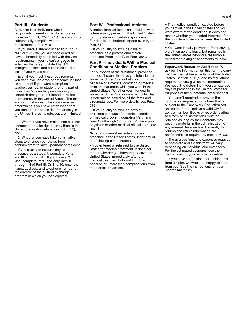 IRS Form 8843 Statement for Exempt Individuals and Individuals With a Medical Condition, Page 4