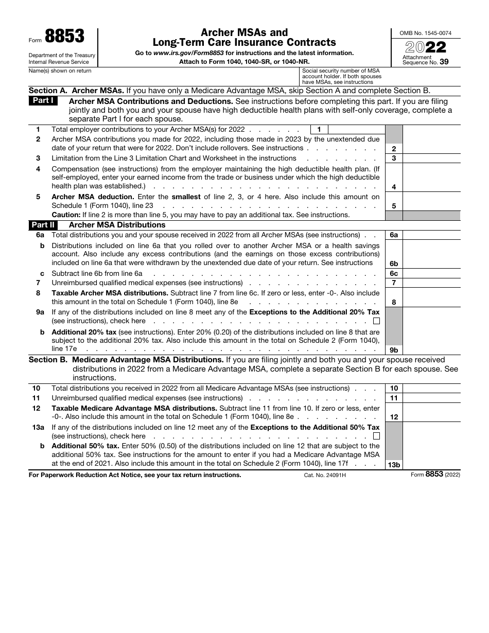 IRS Form 8853 Download Fillable PDF or Fill Online Archer Msas and Long ...