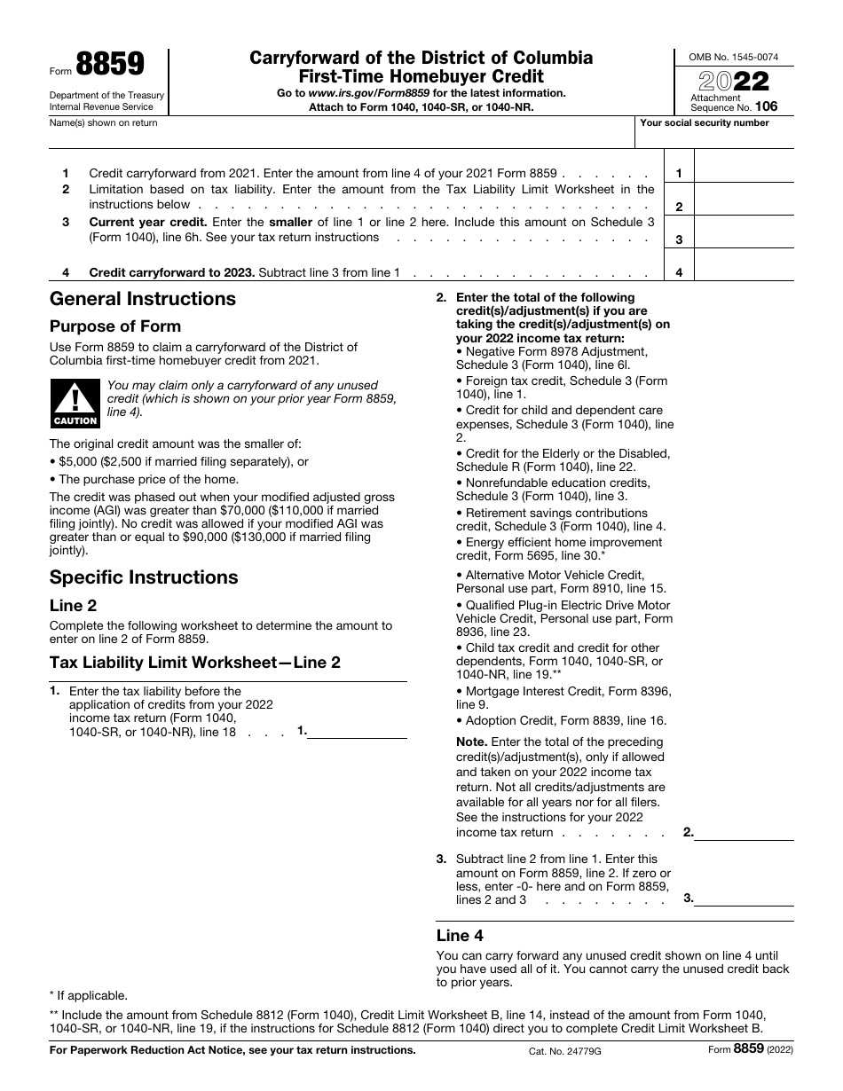 IRS Form 8859 Carryforward of the District of Columbia First-Time Homebuyer Credit, Page 1