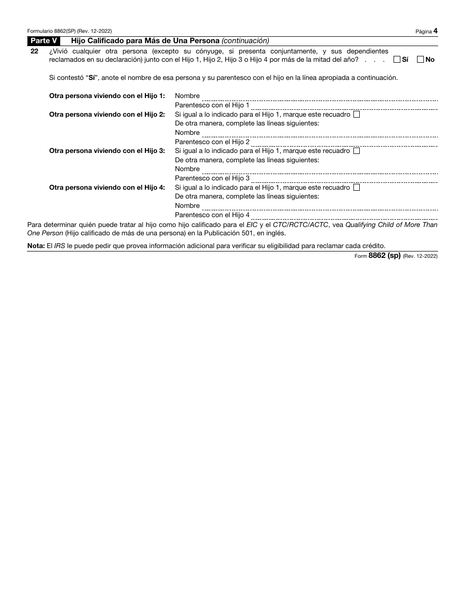 IRS Formulario 8862(SP) Informacion Para Reclamar Ciertos Creditos Despues De Haber Sido Denegados (Spanish), Page 4