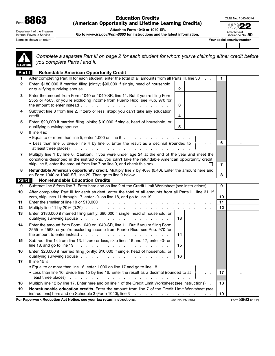 IRS Form 8863 Download Fillable PDF or Fill Online Education Credits