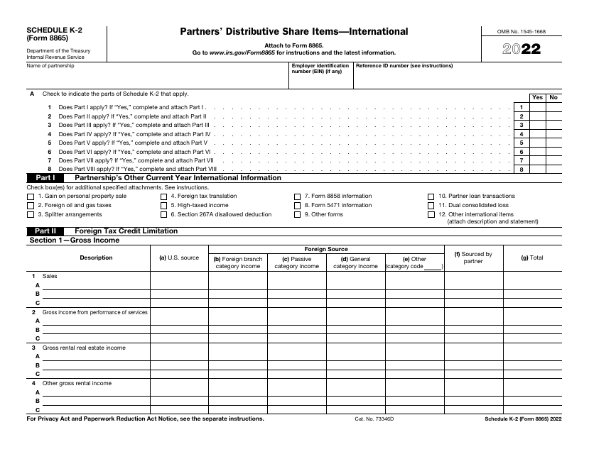 IRS Form 8865 Schedule K-2 2022 Printable Pdf