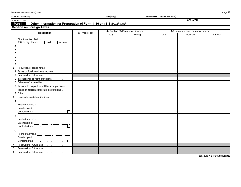 IRS Form 8865 Schedule K-3 Partners Share of Income, Deductions, Credits, Etc. - International, Page 8