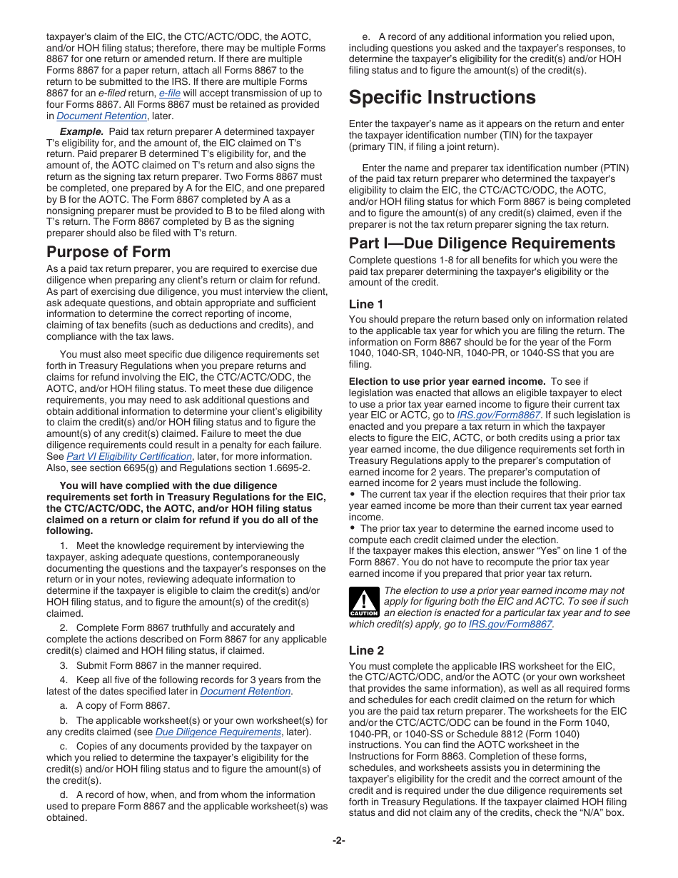 Instructions for IRS Form 8867 Paid Preparers Due Diligence Checklist for the Earned Income Credit, American Opportunity Tax Credit, Child Tax Credit (Including the Additional Child Tax Credit and Credit for Other Dependents), and / or Head of Household Filing Status, Page 2
