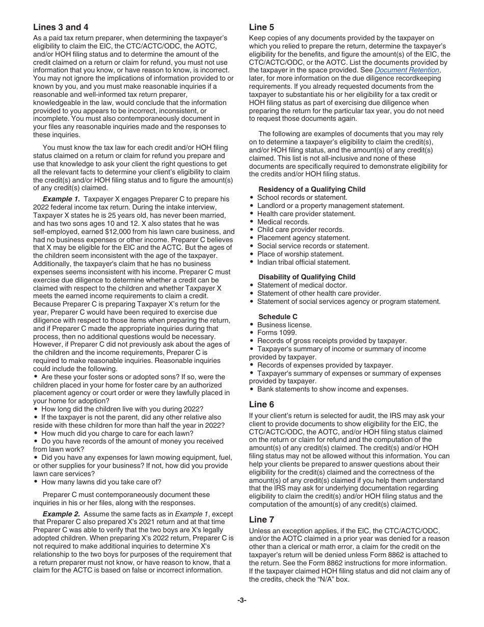 Instructions for IRS Form 8867 Paid Preparers Due Diligence Checklist for the Earned Income Credit, American Opportunity Tax Credit, Child Tax Credit (Including the Additional Child Tax Credit and Credit for Other Dependents), and / or Head of Household Filing Status, Page 3