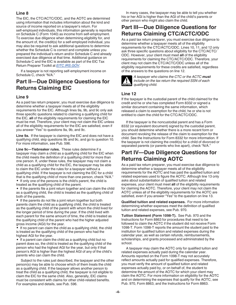Instructions for IRS Form 8867 Paid Preparers Due Diligence Checklist for the Earned Income Credit, American Opportunity Tax Credit, Child Tax Credit (Including the Additional Child Tax Credit and Credit for Other Dependents), and / or Head of Household Filing Status, Page 4