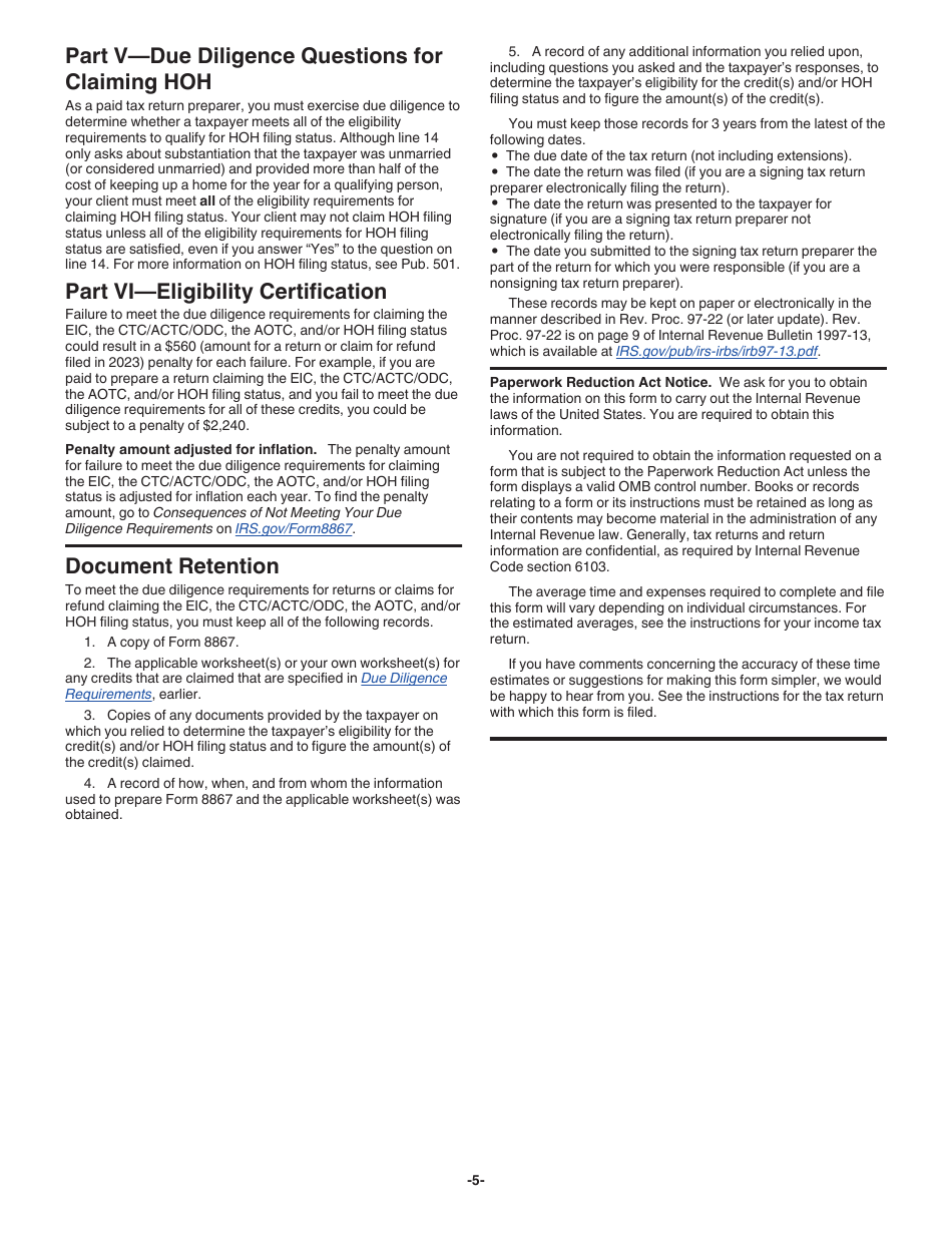 Instructions for IRS Form 8867 Paid Preparers Due Diligence Checklist for the Earned Income Credit, American Opportunity Tax Credit, Child Tax Credit (Including the Additional Child Tax Credit and Credit for Other Dependents), and / or Head of Household Filing Status, Page 5