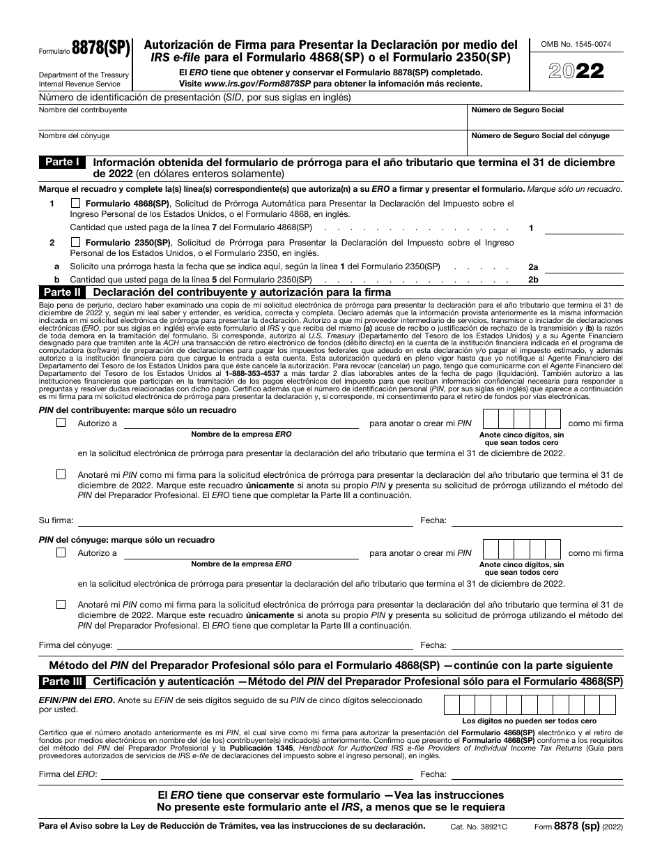 IRS Formulario 8878(SP) Autorizacion De Firma Para Presentar La Declaracion Por Medio Del IRS E-File Para El Formulario 4868(Sp) O El Formulario 2350(Sp) (Spanish), Page 1