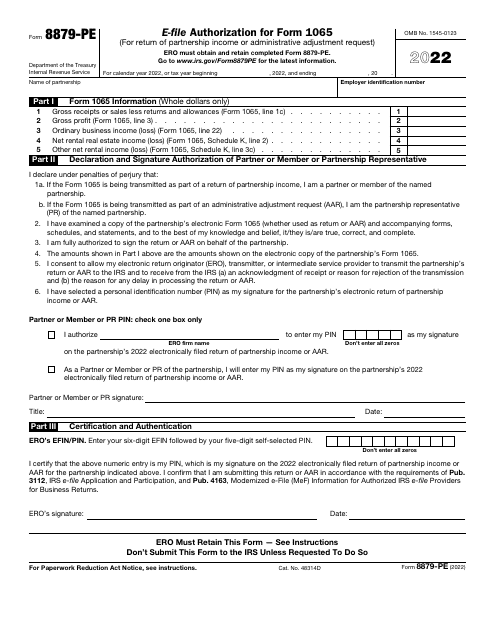 IRS Form 8879-PE E-File Authorization for Form 1065, 2022