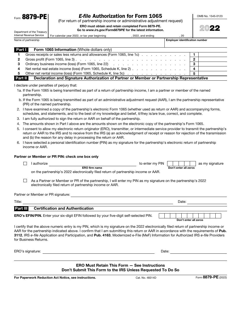IRS Form 8879-PE E-File Authorization for Form 1065, Page 1