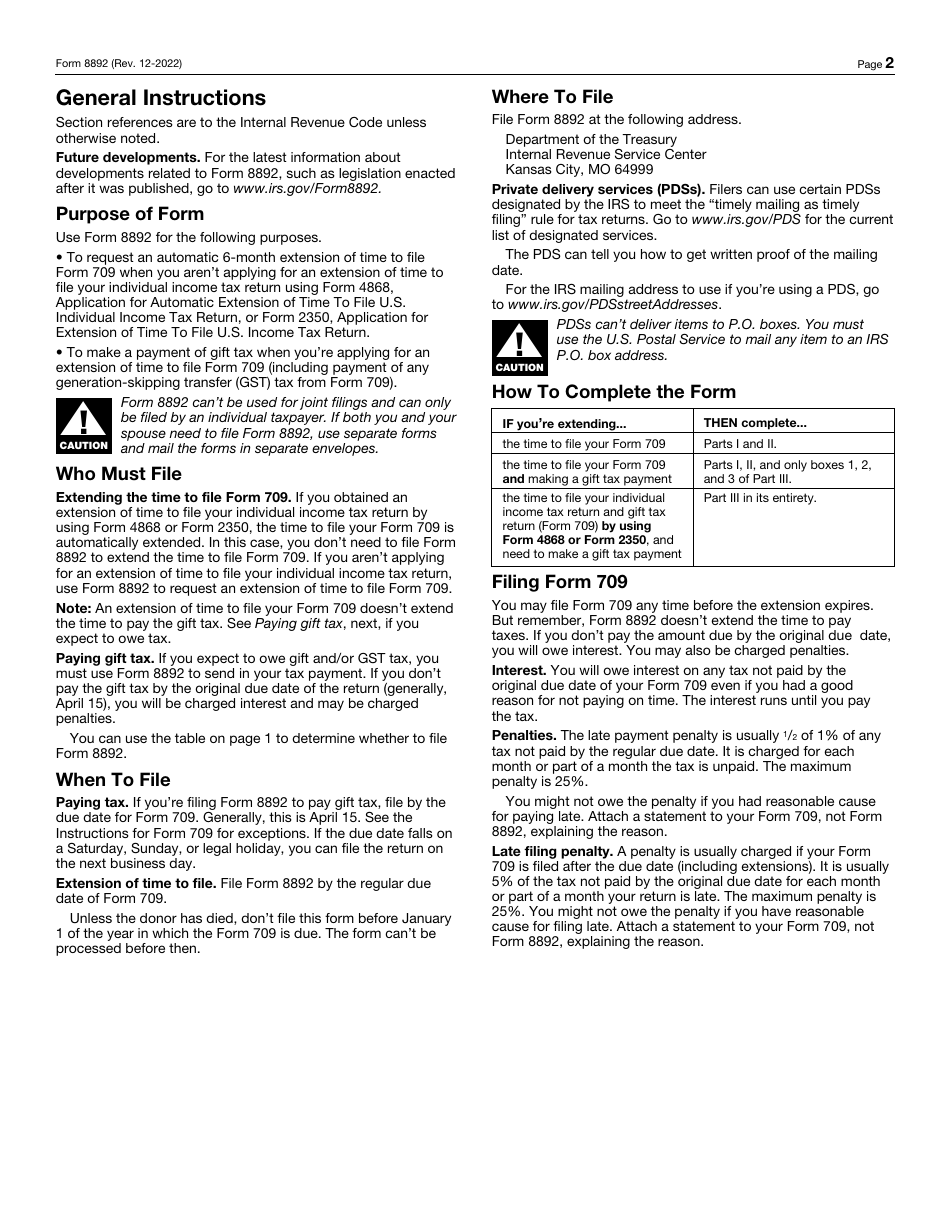 IRS Form 8892 Application for Automatic Extension of Time to File Form 709 and / or Payment of Gift / Generation-Skipping Transfer Tax, Page 2