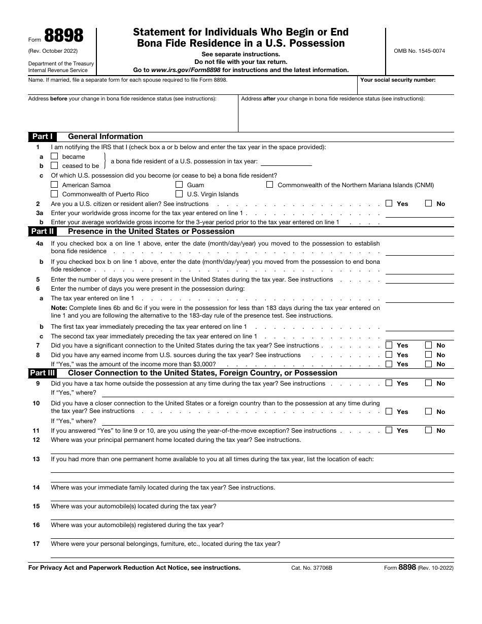 IRS Form 8898 Statement for Individuals Who Begin or End Bona Fide Residence in a U.S. Possession, Page 1