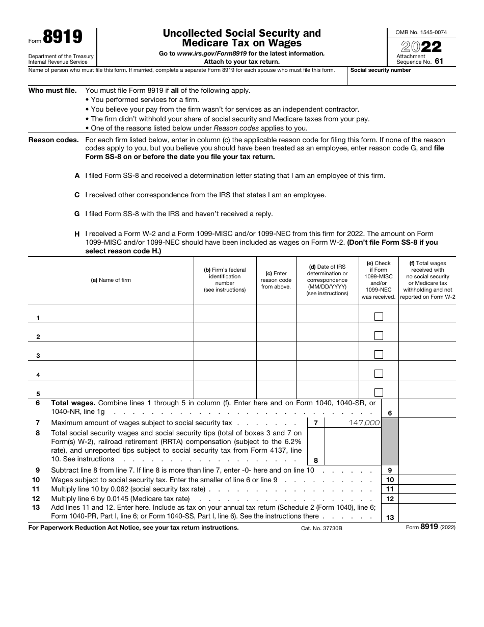 IRS Form 8919 Download Fillable PDF or Fill Online Uncollected Social