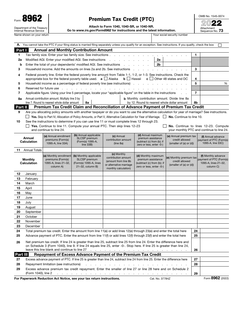 IRS Form 8962 Download Fillable PDF or Fill Online Premium Tax Credit