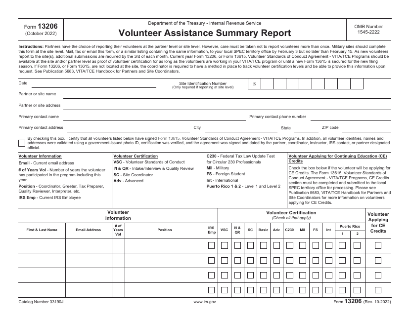 IRS Form 13206 Download Fillable PDF or Fill Online Volunteer ...