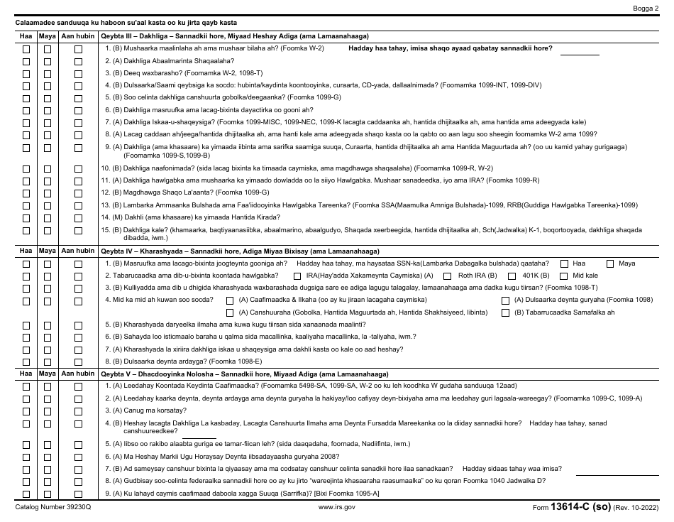IRS Form 13614-C (SO) Intake / Interview  Quality Review Sheet (Somali), Page 2