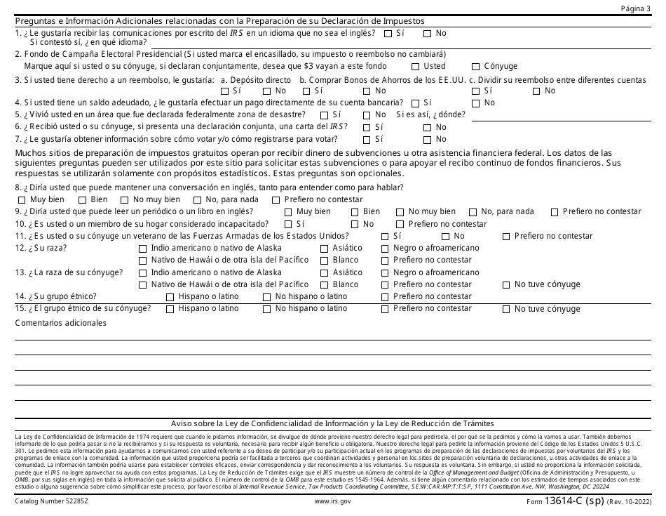 IRS Formulario 13614-C (SP) Hoja De Admision / Entrevista Y Verificacion De Calidad (Spanish), Page 3