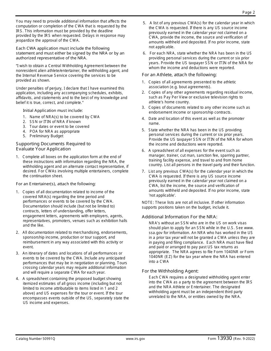 IRS Form 13930 Application for Central Withholding Agreement, Page 2