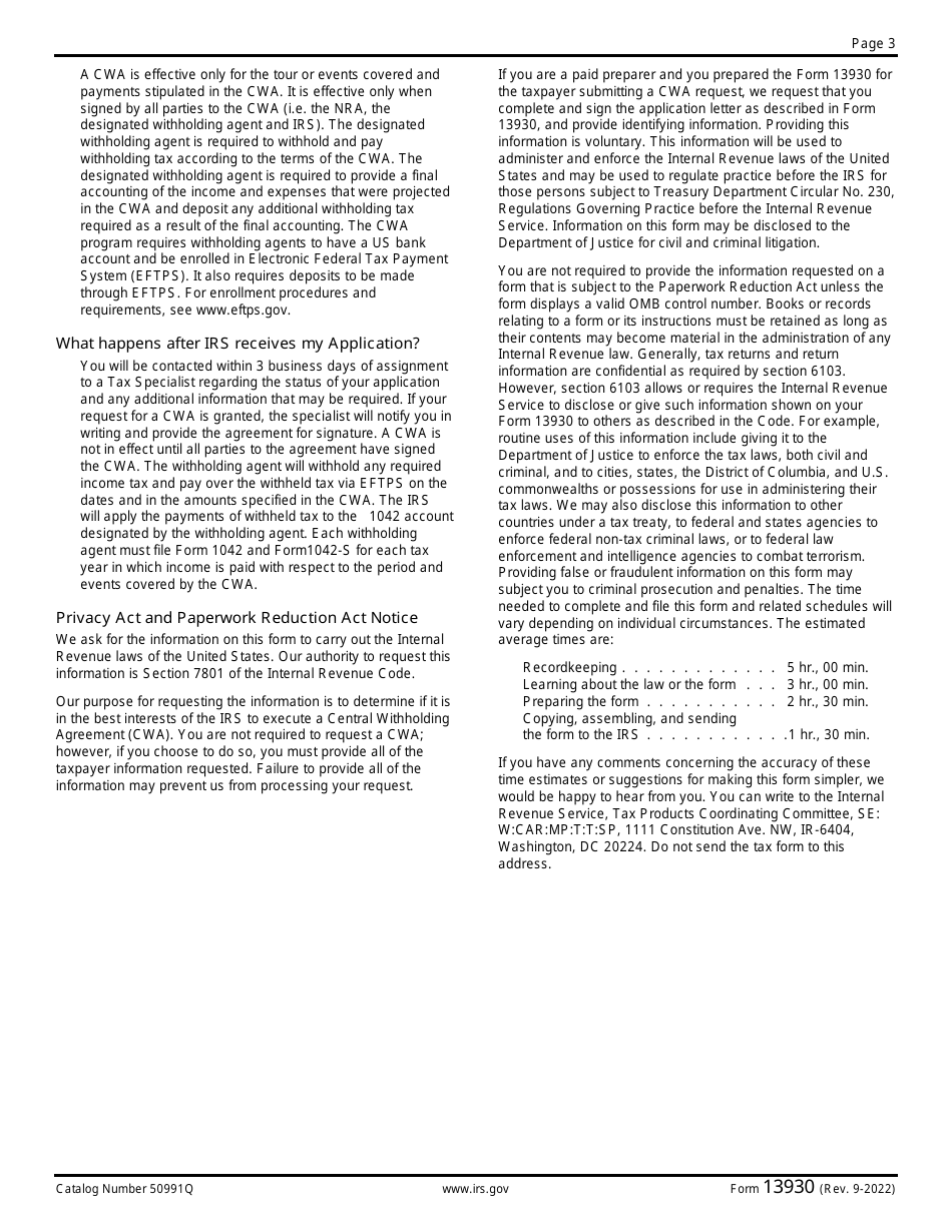 IRS Form 13930 Application for Central Withholding Agreement, Page 3