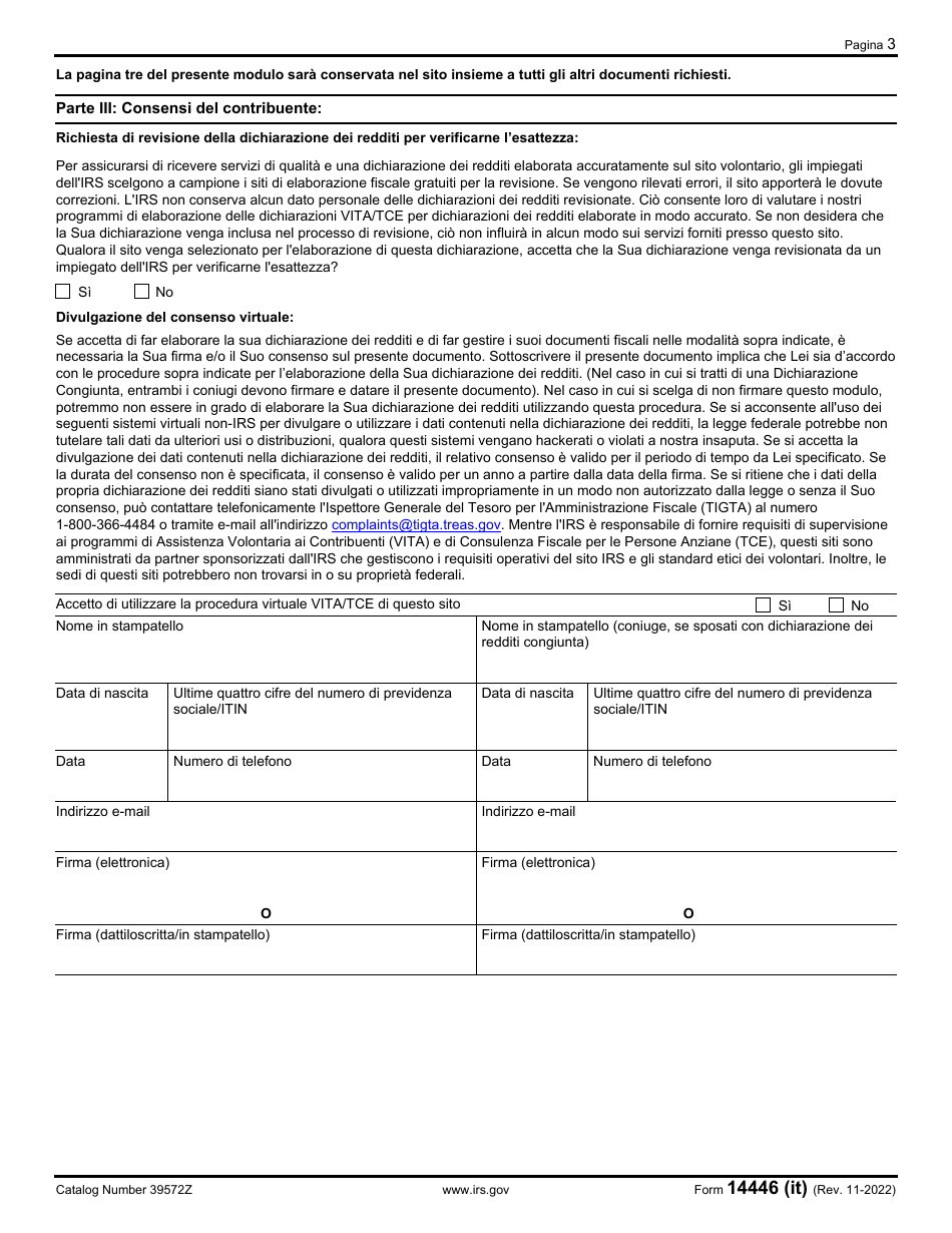 IRS Form 14446 (IT) Virtual Vita / Tce Taxpayer Consent (Italian), Page 3