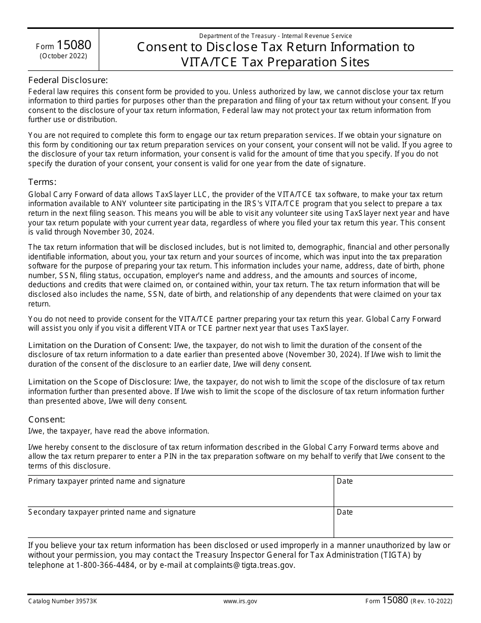 IRS Form 15080 Consent to Disclose Tax Return Information to Vita / Tce Tax Preparation Sites, Page 1