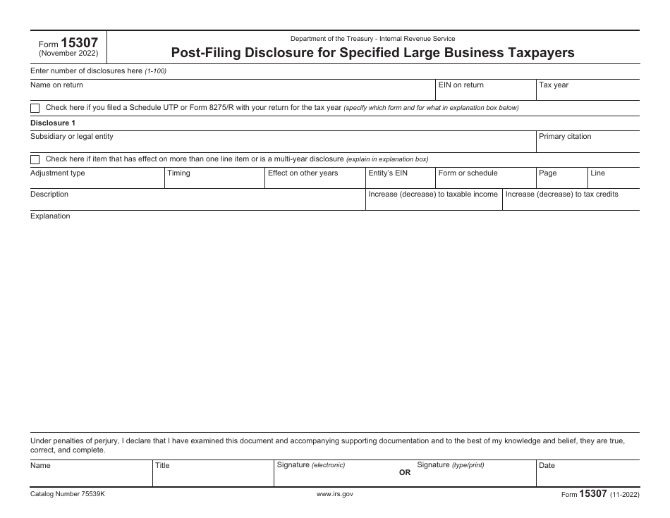 IRS Form 15307 Post-filing Disclosure for Specified Large Business Taxpayers, Page 1