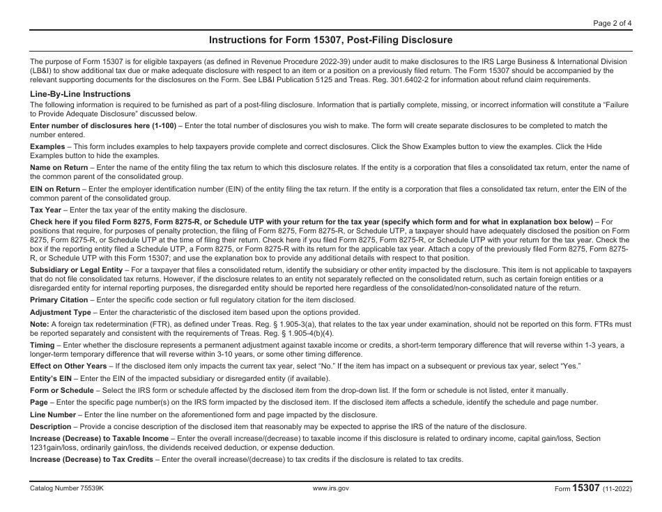 IRS Form 15307 Post-filing Disclosure for Specified Large Business Taxpayers, Page 2