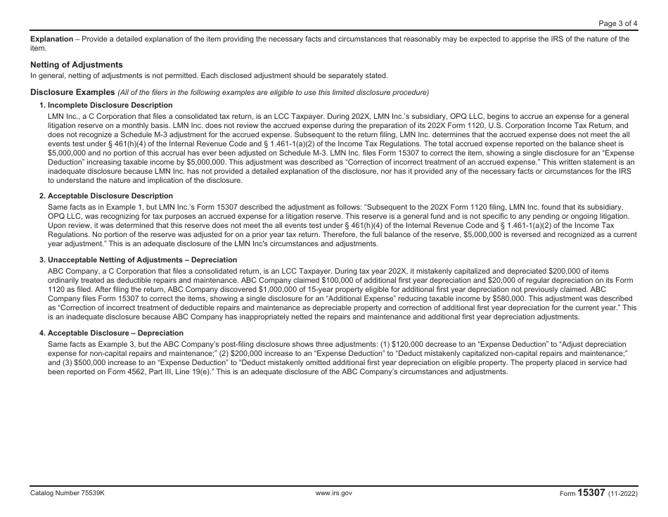 IRS Form 15307 Post-filing Disclosure for Specified Large Business Taxpayers, Page 3