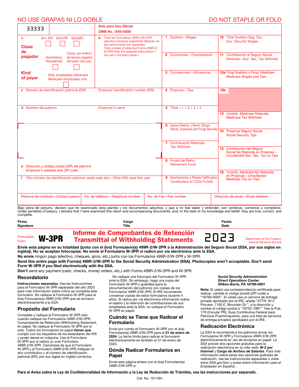 IRS Form W-3PR Transmittal of Wage and Tax Statements (English / Puerto Rican Spanish), Page 2