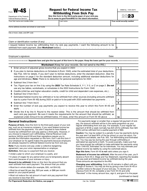 IRS Form W-4S Request for Federal Income Tax Withholding From Sick Pay, 2023