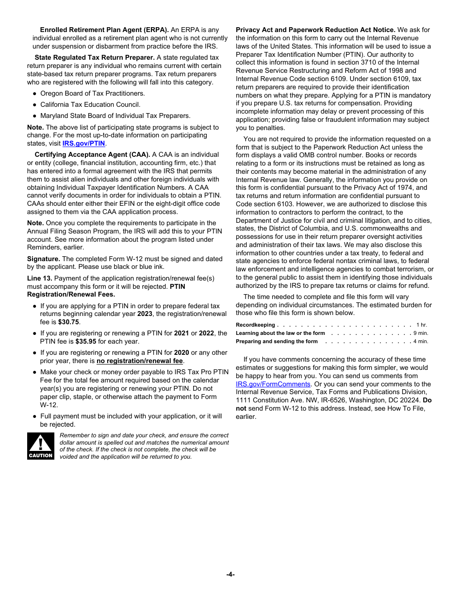 Instructions for IRS Form W-12 IRS Paid Preparer Tax Identification Number (Ptin) Application and Renewal, Page 4