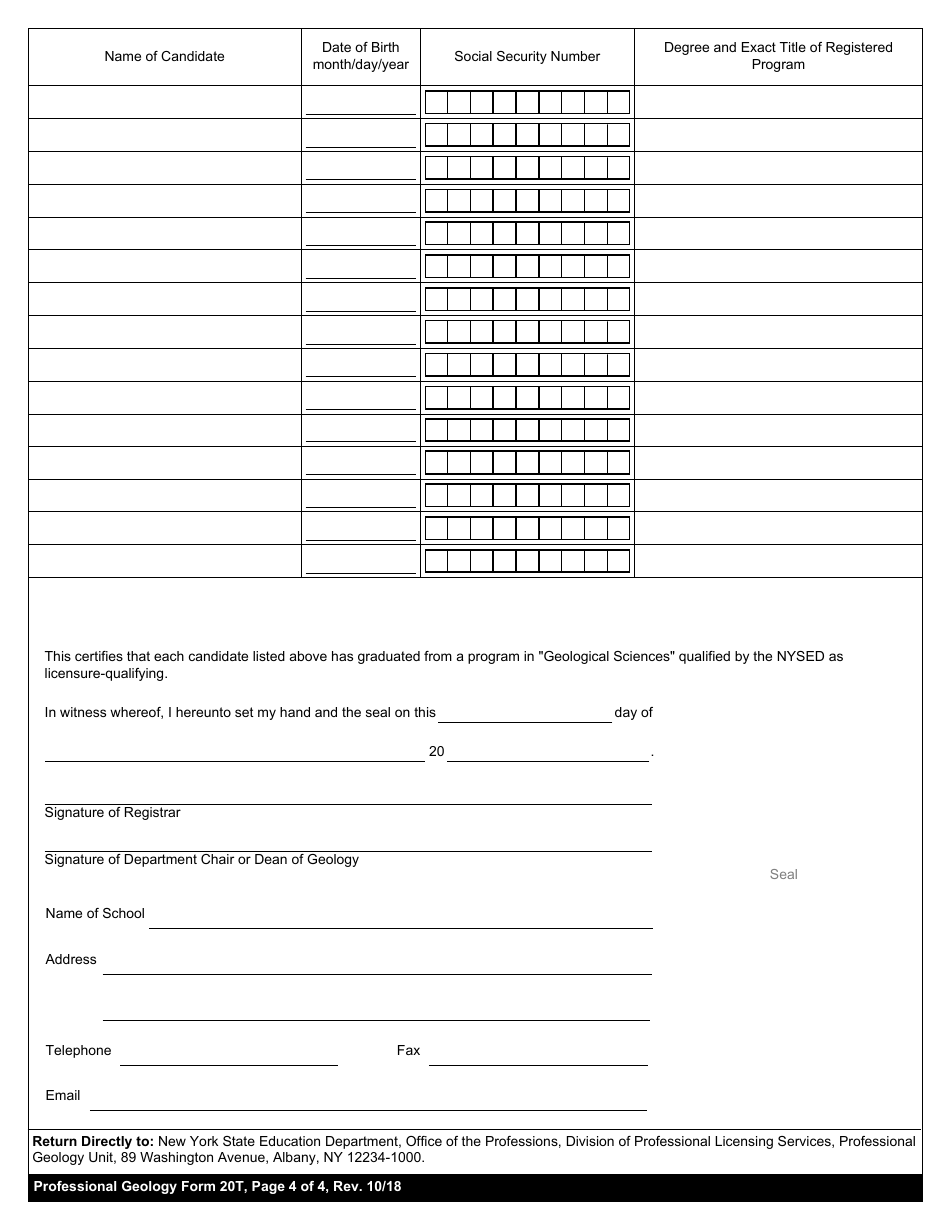 Professional Geology Form 20T Certification of Anticipated Completion of a Professionally Registered Program (Licensure-Qualifying) in Geological Sciences - New York, Page 4