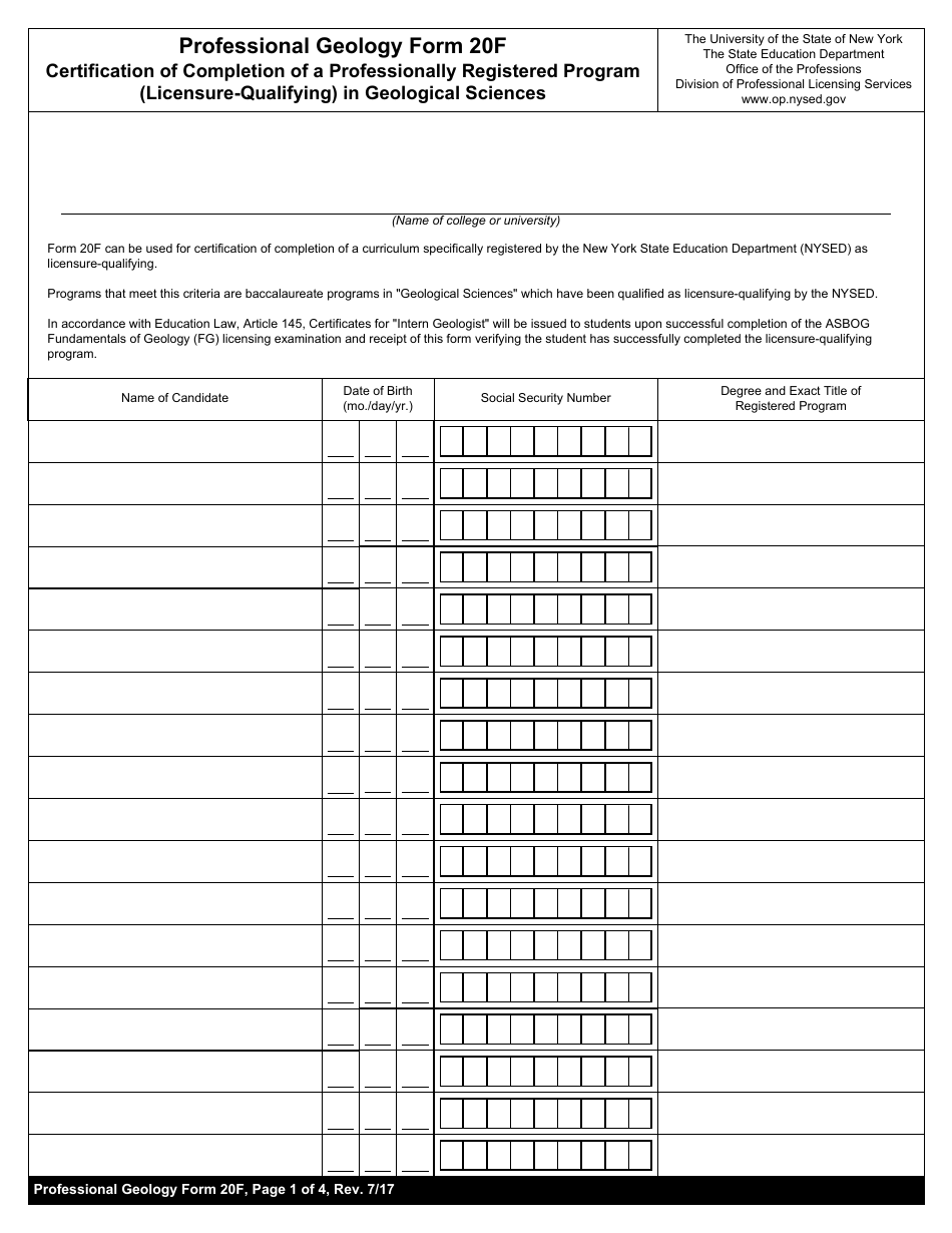 Professional Geology Form 20F Certification of Completion of a Professionally Registered Program (Licensure-Qualifying) in Geological Sciences - New York, Page 1