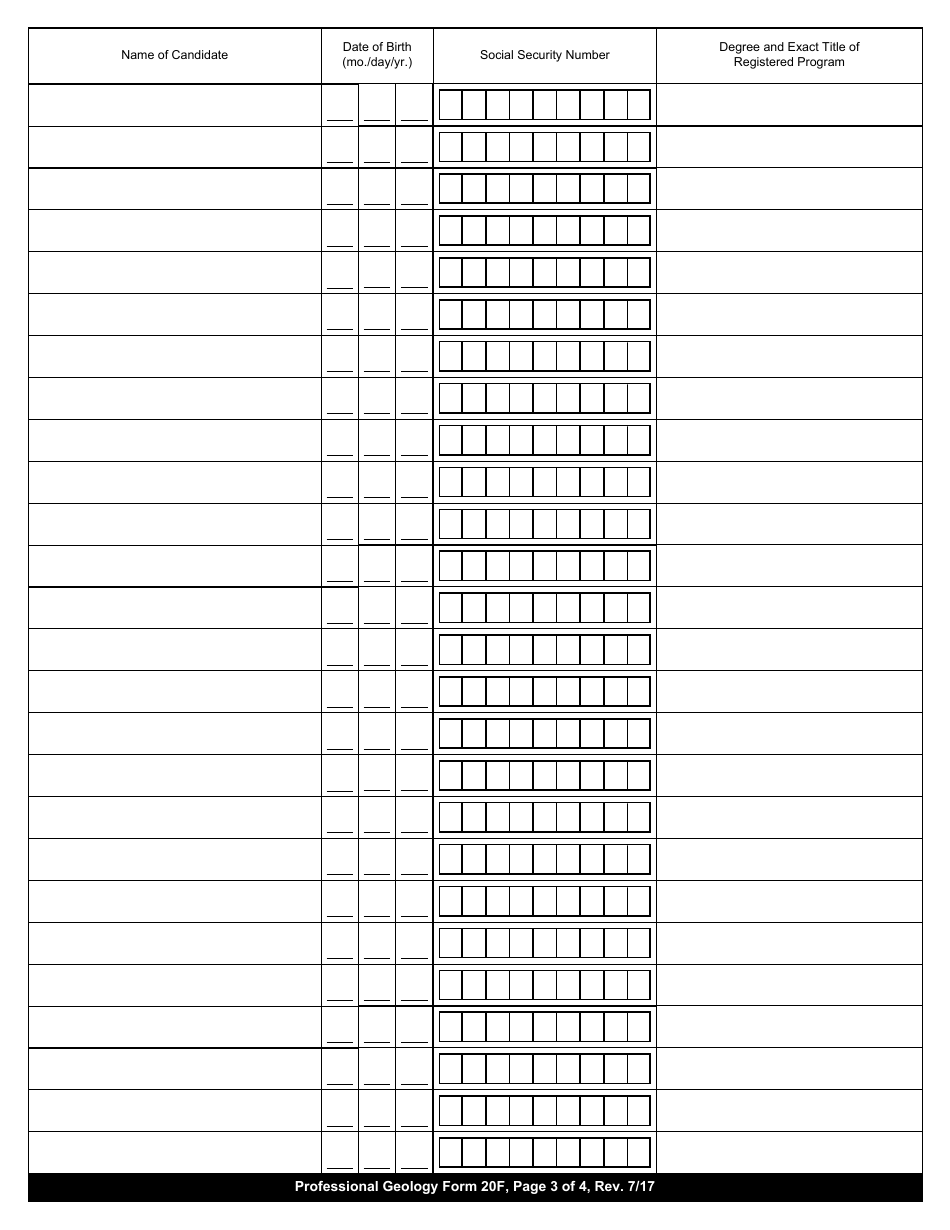 Professional Geology Form 20F Certification of Completion of a Professionally Registered Program (Licensure-Qualifying) in Geological Sciences - New York, Page 3