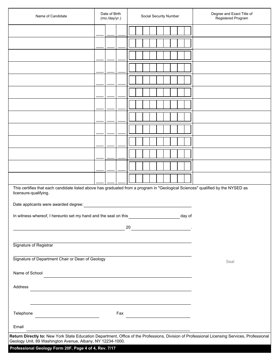 Professional Geology Form 20F Certification of Completion of a Professionally Registered Program (Licensure-Qualifying) in Geological Sciences - New York, Page 4
