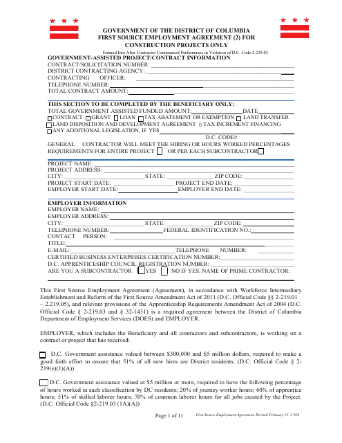 First Source Employment Agreement (2) for Construction Projects Only - Washington, D.C. Download Pdf